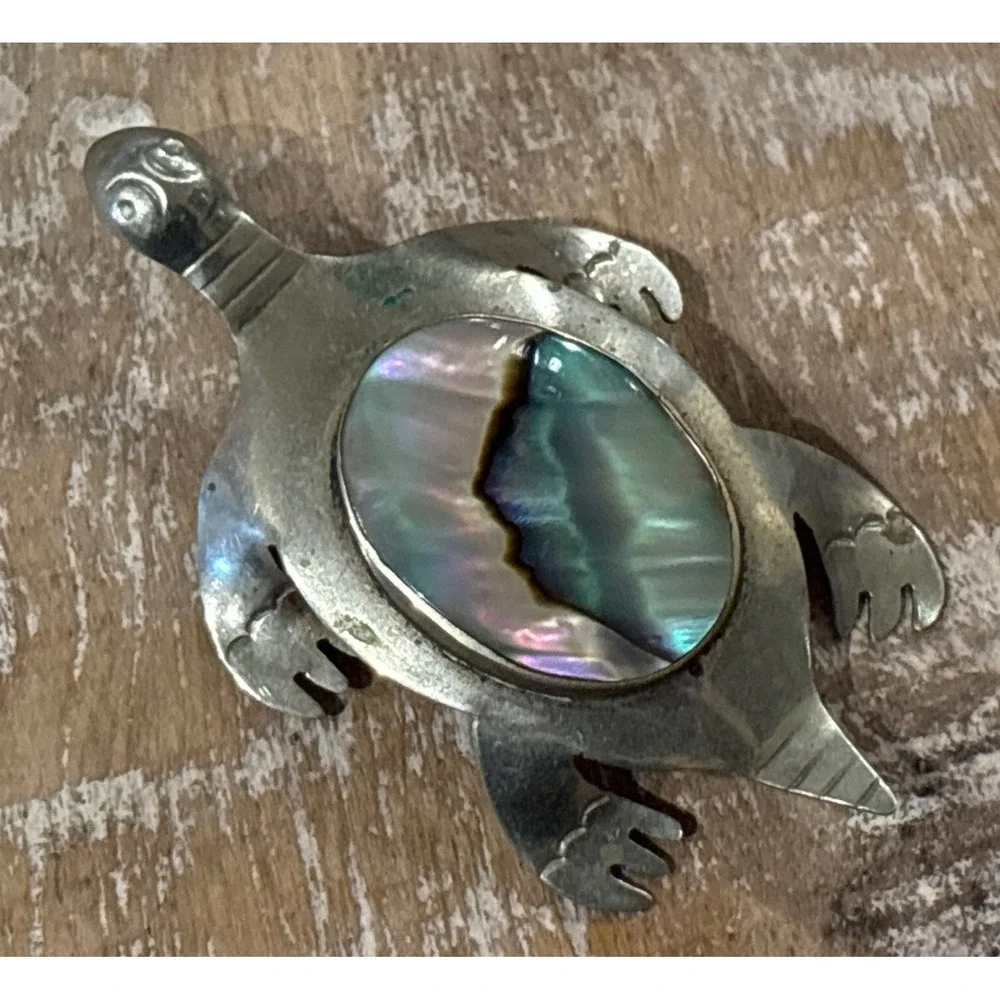 Vintage Turtle Brooch Abalone Shell Inlay Pin Silver Tone Boho